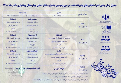 توسط دبیرخانه جشنواره؛

جدول اجراهای جشنواره تئاتر استانی چهارمحال و بختیاری منتشر شد
